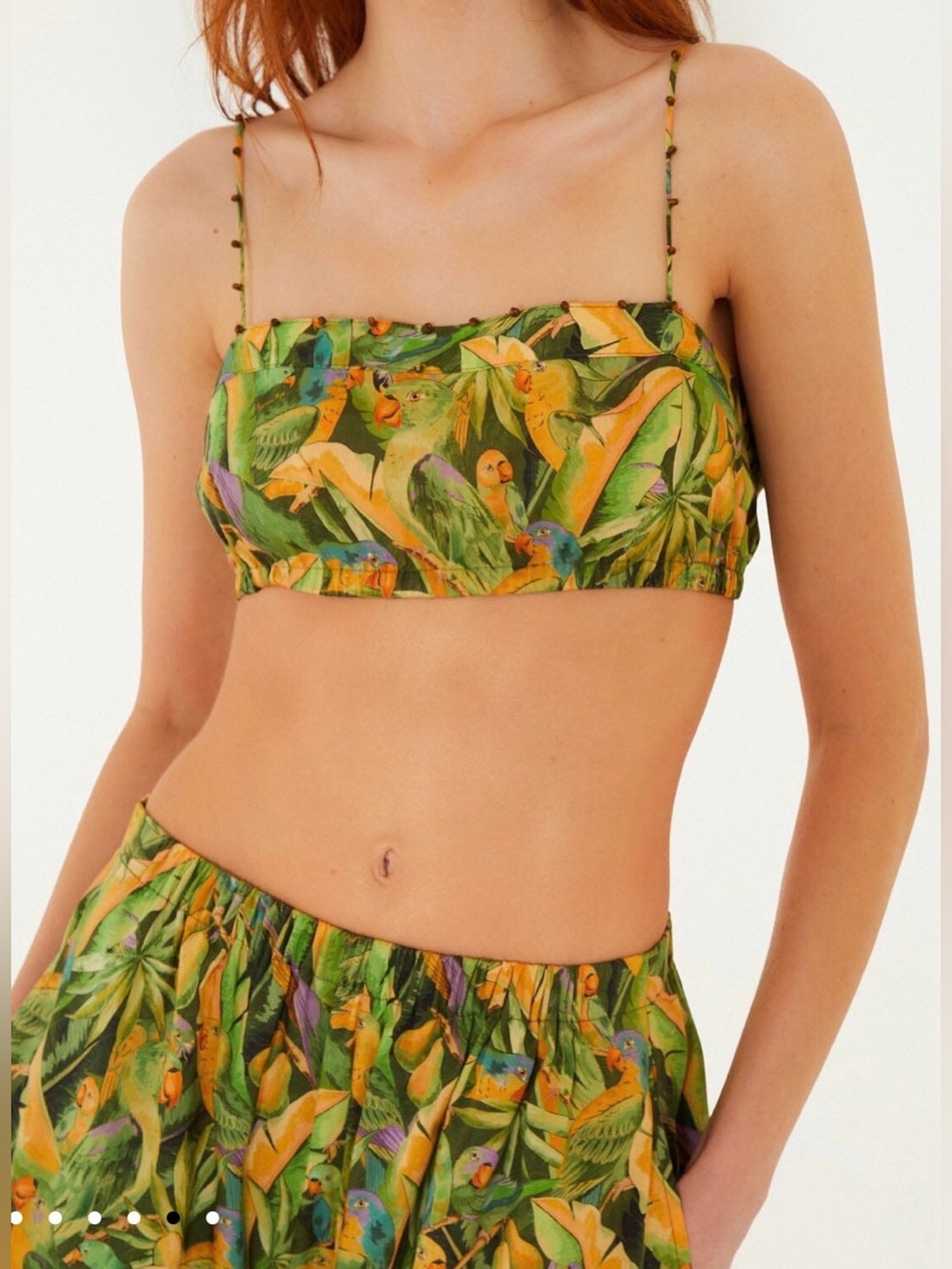 FARM Rio Green Forest Parrots Balloon Top. Pants also available for sale.